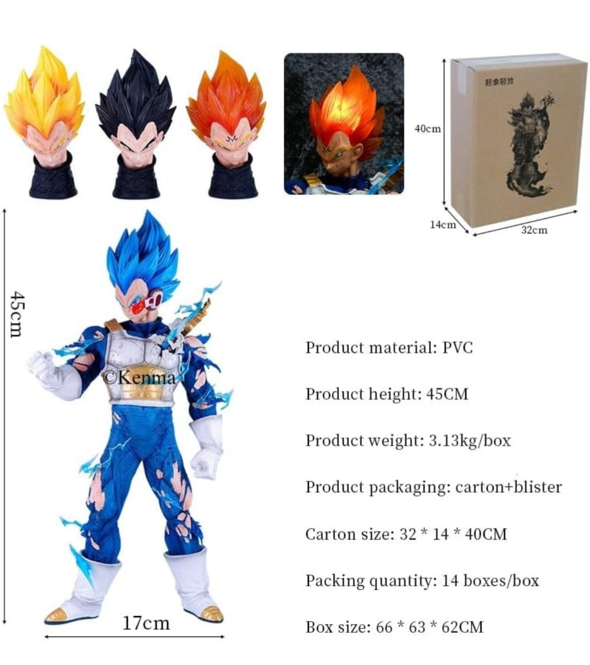 Dragon Ball Super Vegeta Super Saiyan Blue Battle-Damaged Figure with 4 Heads – 45cm