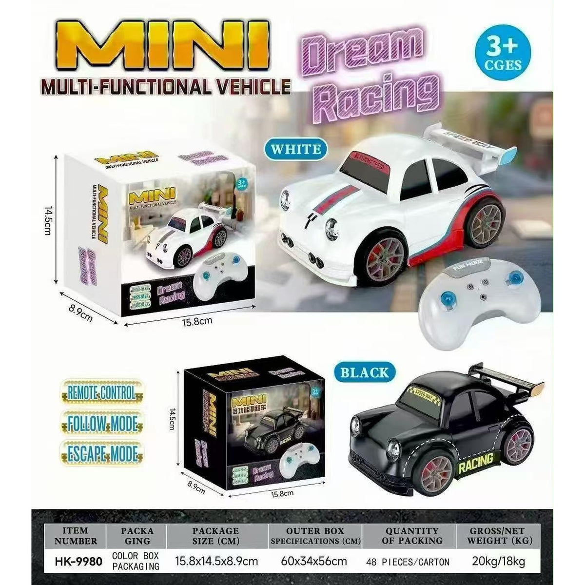 Mini Dream Racing RC Car with Follow & Escape Mode (Multicolour)