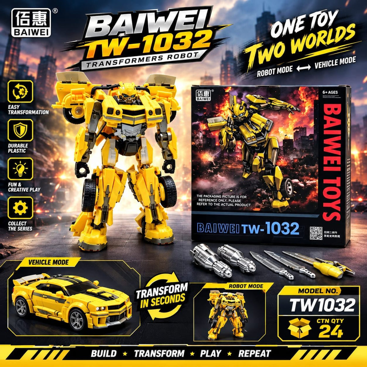 Baiwei TW-1032 yellow muscle car robot