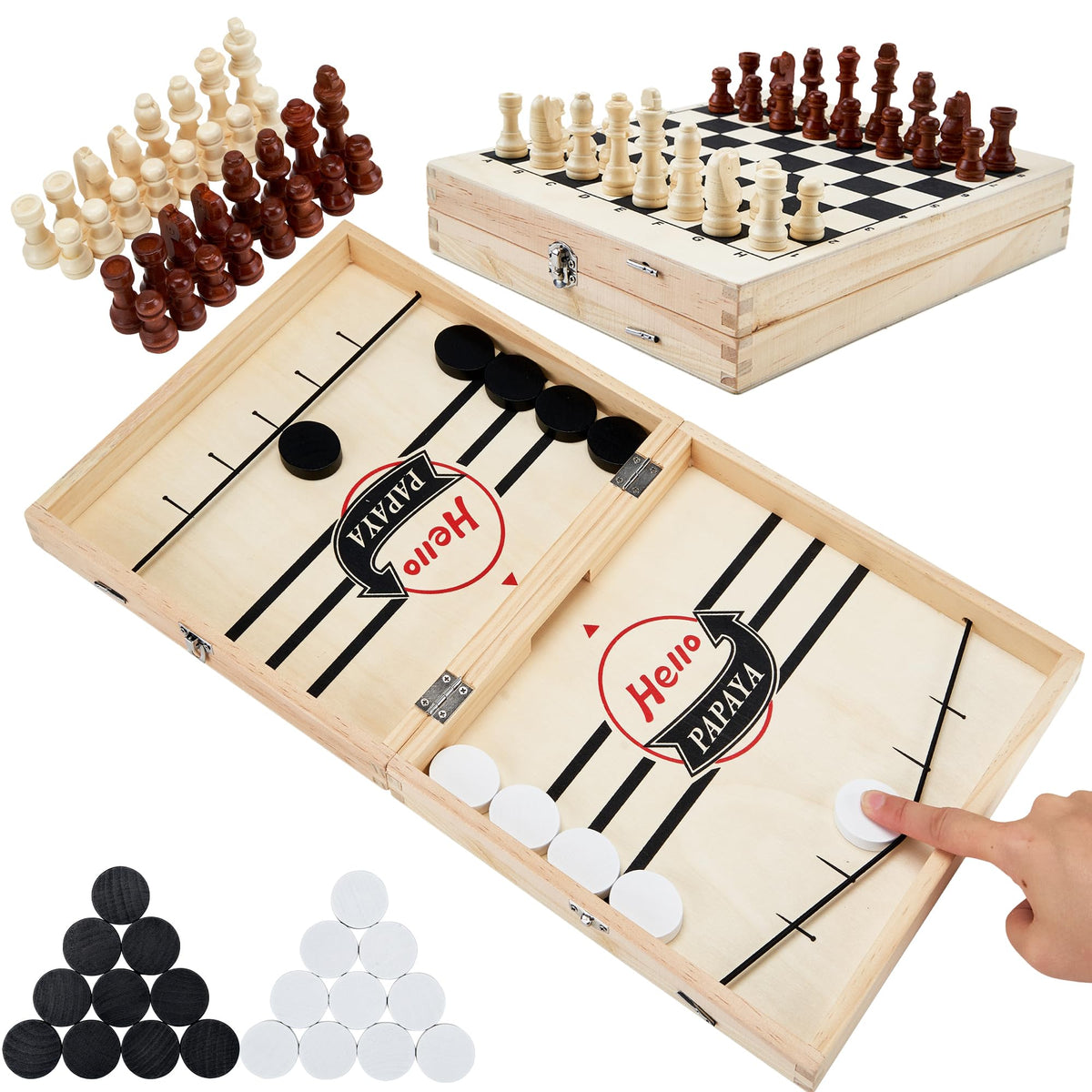 Wooden 2-in-1 Fast Sling Puck Game with Chess