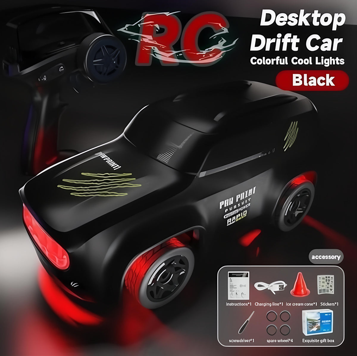 Mini 4WD RC Desktop Drift Car – 2.4G Remote Control with RGB Lights & Drift Tyres