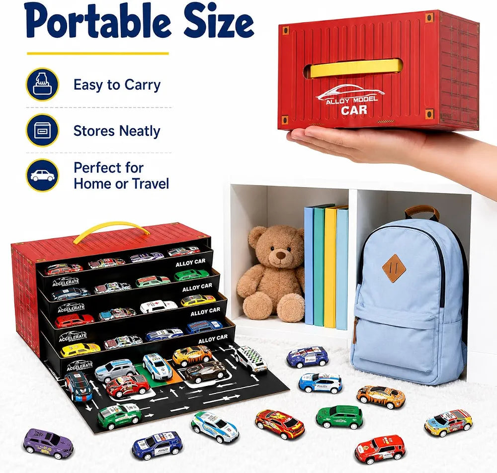 Die-Cast Car Storage Carry Case with 48 Mini Pull Back Cars