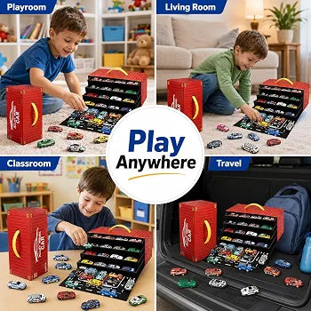Die-Cast Car Storage Carry Case with 48 Mini Pull Back Cars