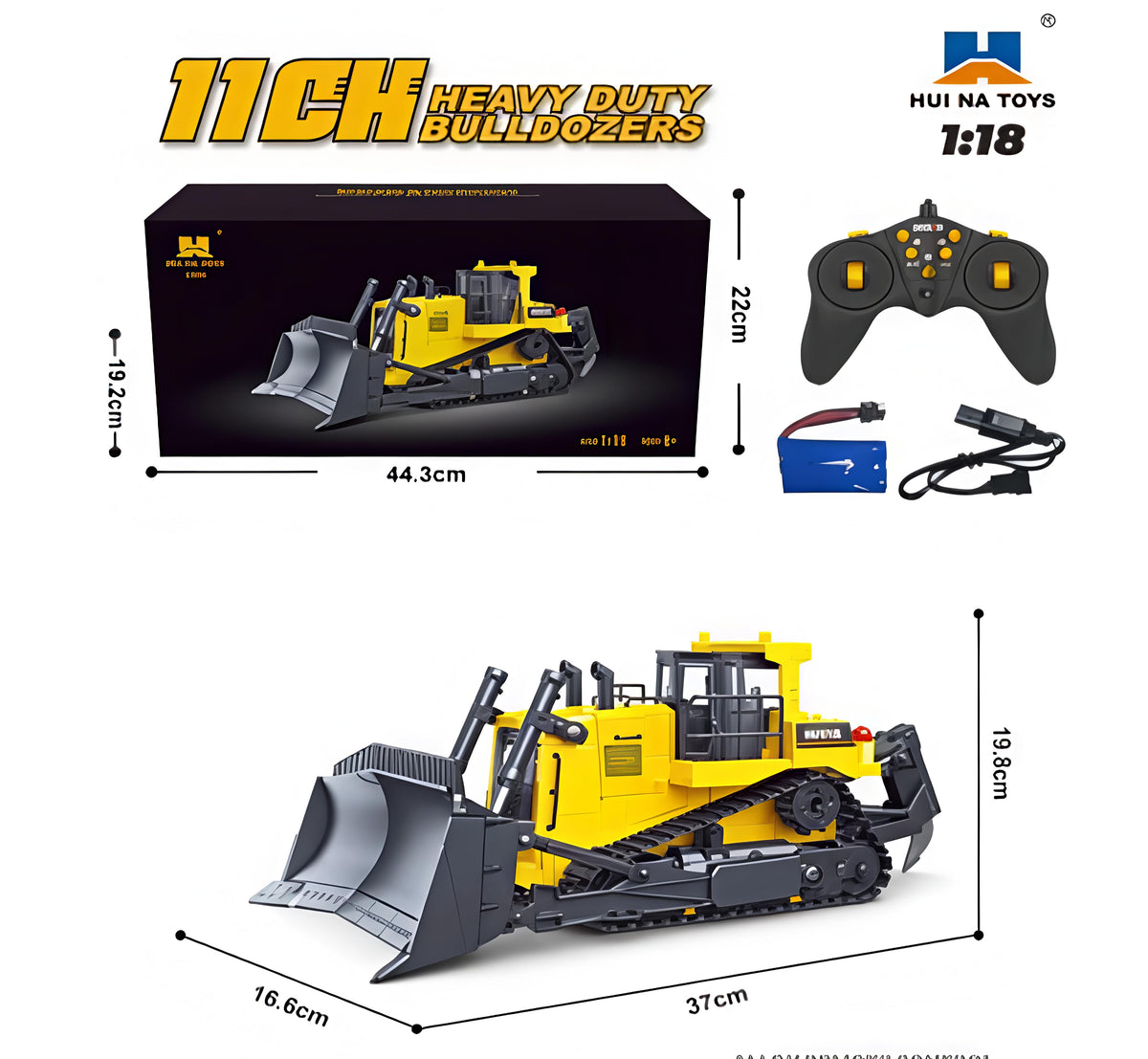 Huina 1554 1:18 RC Bulldozer – 11-Channel Alloy Remote Control Crawler Dozer