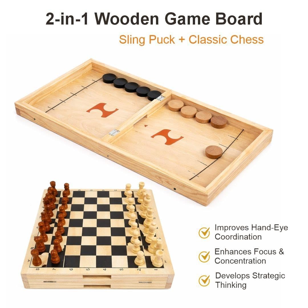 Wooden 2-in-1 Fast Sling Puck Game with Chess - image 3