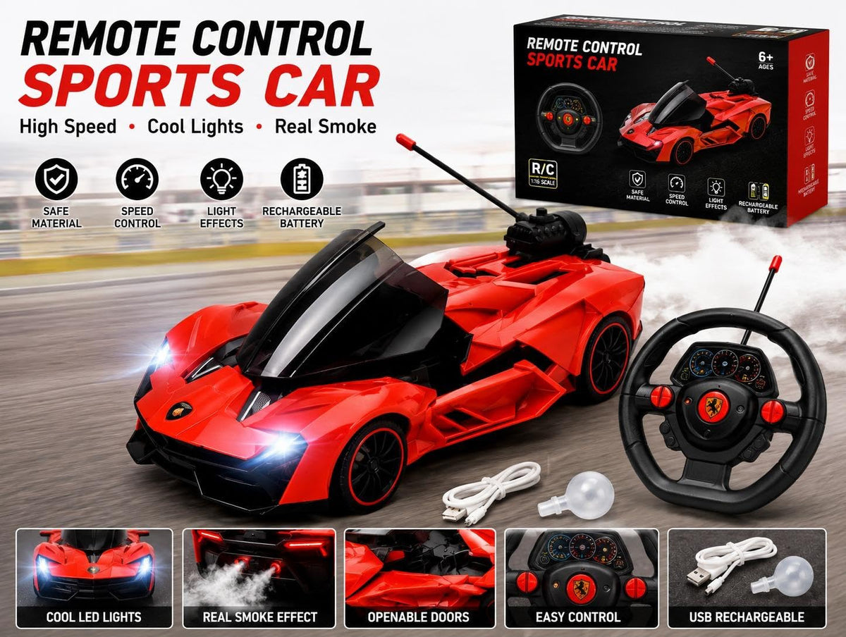 Toynus Super Car 1:16 RC – Remote Door Open, Smoke & Headlights (Multicolour)