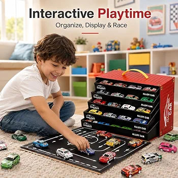 Die-Cast Car Storage Carry Case with 48 Mini Pull Back Cars