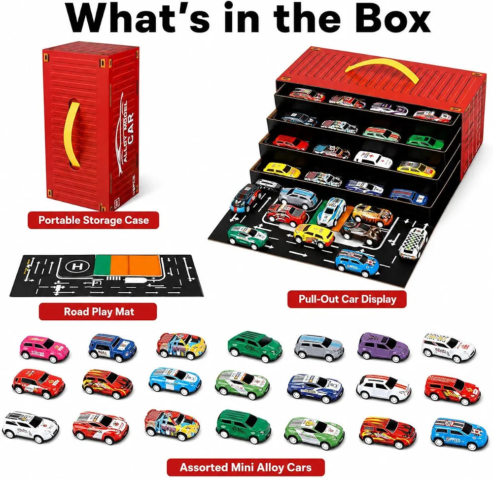 Die-Cast Car Storage Carry Case with 48 Mini Pull Back Cars