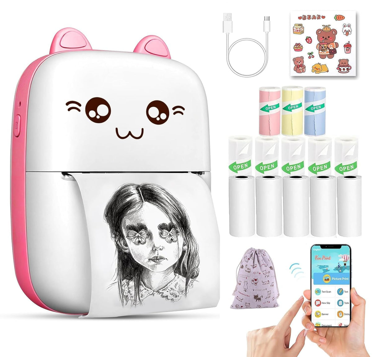 Mini Portable Thermal Printer – Cute Cat Design