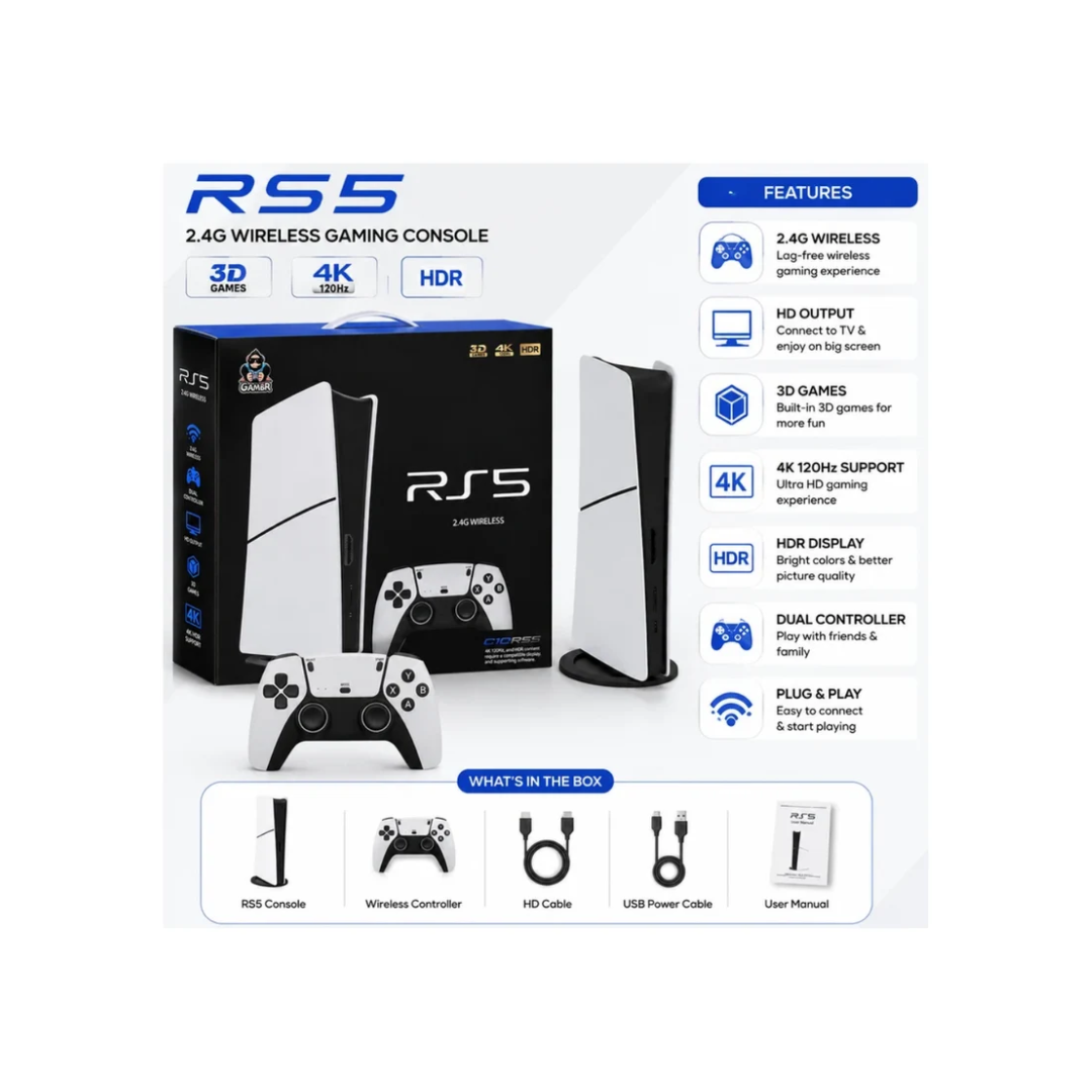 RS5 Retro Game Console – 2.4G Wireless with 2 Controllers & HDMI Output