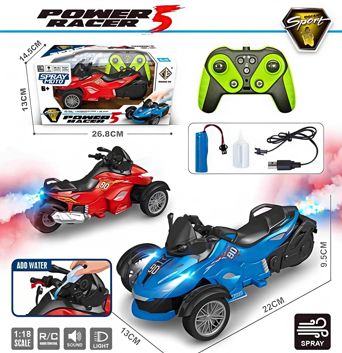 Power Racer RC Spray Trike – Remote Control 3-Wheel Motorcycle with Mist, Lights & Sound