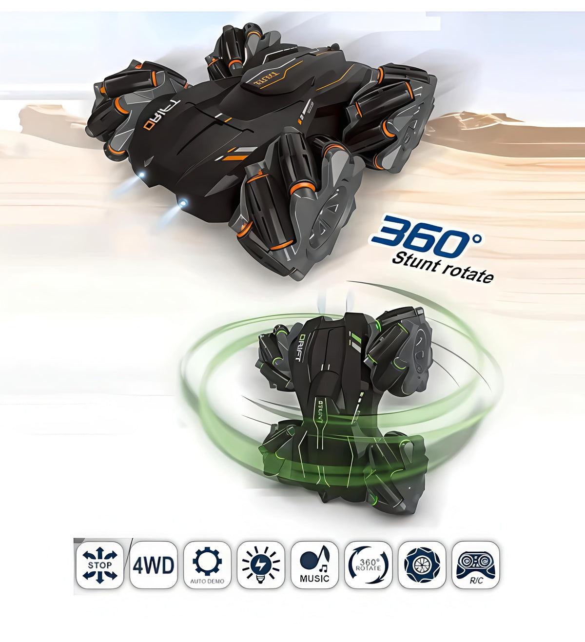 Drift Stunt Car – Double-Sided 4WD RC with 360° Rotation (Multicolour)