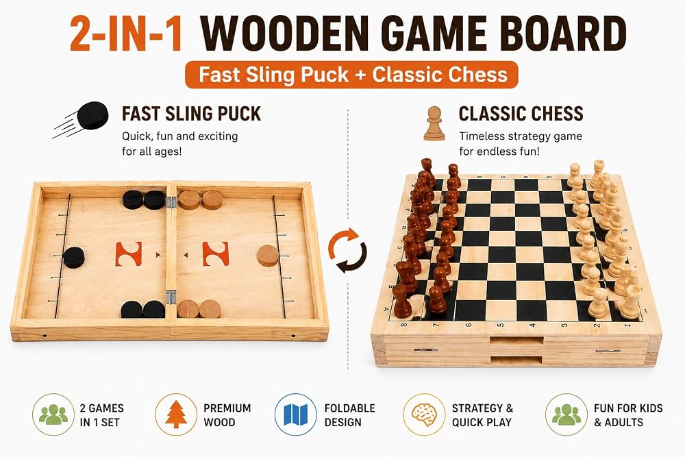 Wooden 2-in-1 Fast Sling Puck Game with Chess - image 2